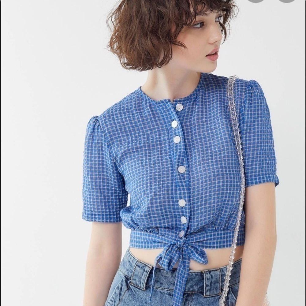 The East Order Mahlia Plaid Tie Front Top Blue NWT‎